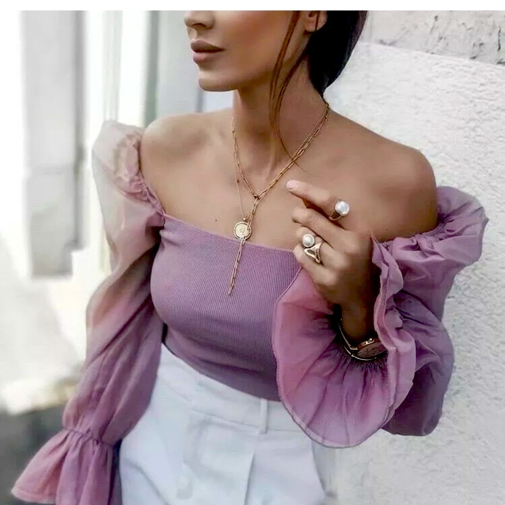 ZARA Contrasting Organza Top Cream